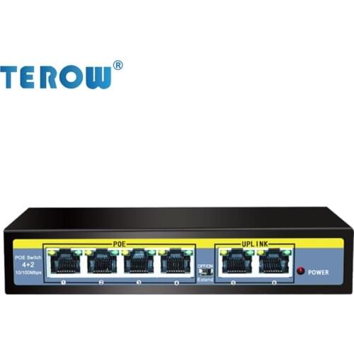 TEROW 6-Port POE Switch 52V 4*10/100Mbps POE Port+2*10/100Mbps UPLINK Port 250M Transmission IEEE802.3 AT/ AF 1.2Gbps Duplex