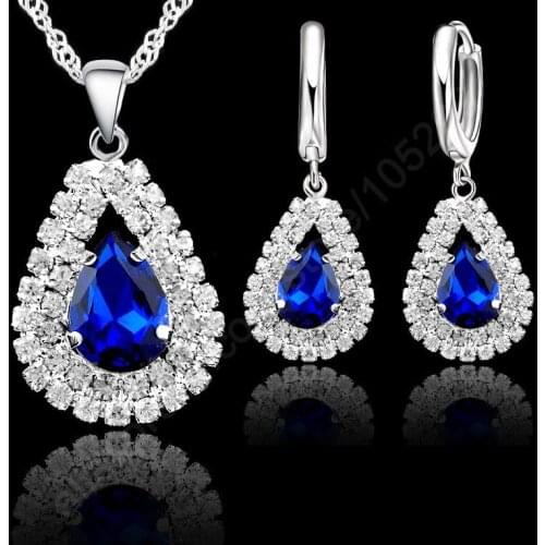 9 Colors Fine 925 Sterling Silver Jewelry Sets Wedding Engagement Women Bridal Water Drop Crystal Pendants Necklace Earrings Set
