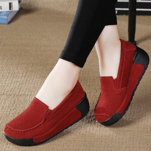 Nubuck Platform Sneakers Women Slip On Loafers Genuine Leather Flat Swing Shoes Shallow Ladies Casual Zapatos De Mujer Plus Size