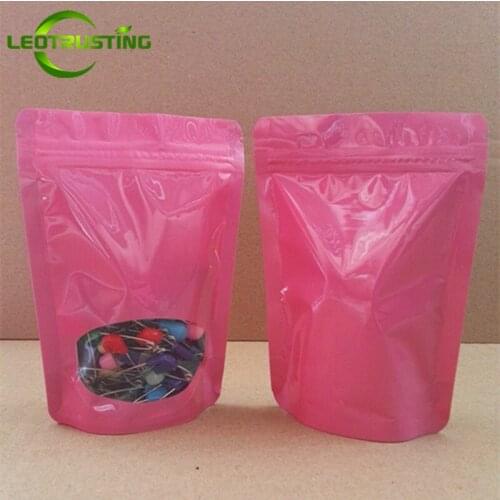 Leotrusting 50pcs Glossy Pink Elegant Foil Window Zip Lock Bag Aluminzing Clear Window Powder Coffee Beans Gift Packaging Bags
