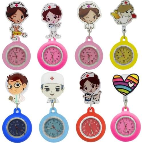 Colourful face badge reel nurse doctor cartoon love heart Retractable pocket watches gift for hospital medical brooch clip clock
