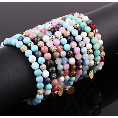 New Fashion 6mm Mix Natural Stone Beaded CZ Pave Ball Charm Elastic Beads Bracelet For Women Jewelry Gift