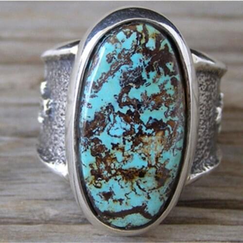 Charming tibet silvers Retro Vintage 925 Silver blue Chalcedony TURQUOISEs Rings Finger Female luck Jewelrymore style