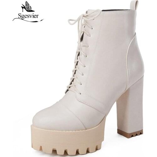 Sgesvier 2018 Winter Chunky Block High Heel Black Gray Beige Ankle Boots Women Platform Shoes Lace Up Motorcycle Boots B771