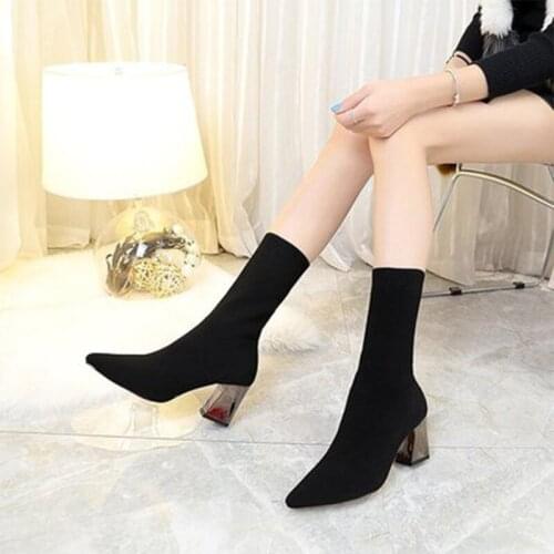 Womens Sock Boots High Heels Mid-Calf Boots Women Pointed Toe Woman Elegant Boots Ladies Footwear Female Shoes Big Size 2020
