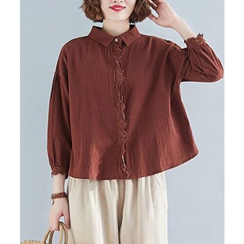 Oversized Women Autumn Cotton Linen Shirts New Arrival 2020 Arts Style Vintage Lace Patchwork Female Loose Casual Tops S1705