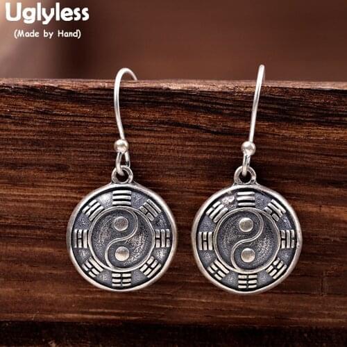 Uglyless Religious Taoism Earrings for Women Vintage Thai Silver Round Dangle Earrings 925 Sterling Silver Fine Jewelry E1766