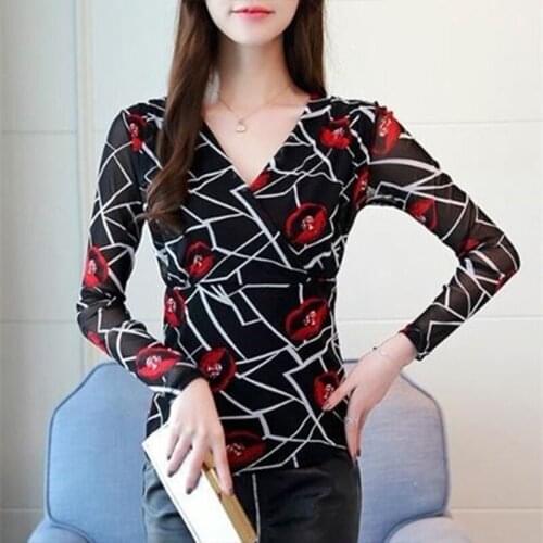 Womens Spring Summer Style Blouses Shirt Womens Elegant V-neck Printed Long Sleeve Korean Slim Tops SP201