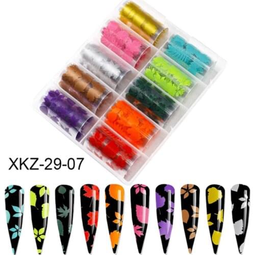 10 pcs 1 Box Nail Sticker Decals Fall Leaves Nail Art Stickers Neon Maple Leaf XKZ-29-07 maple leaves nail transfer foil,HG454