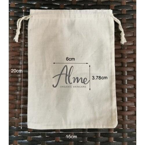 Customised Logo 400 units 15x20cm, 200 units 10x15cm and 200 units 9x12cm Drawstring Natural Cotton Bags Printed With Grey Logo