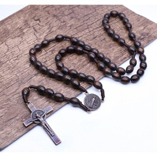 2021 NEW Necklace Catholic Pectoral Cross Dark Brown Beads Wooden Jesus Virgin Mary Cross Christ Prayer Beads Religious Jewelry