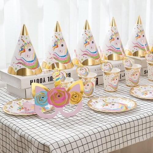36Pcs Gold Unicorn Kids Birthday Set Paper Plate Cup Straw Hot Stamping Party Supplies Party Wedding Happy Birthday Decorations