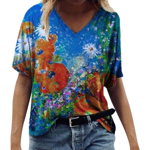 3xl Plus Size Clothes For Ladies 2021 Summer Fashion Women V-neck Short Sleeve Scenery Printing Pullover Tops Easy Blouse