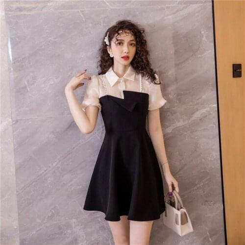 #5111 Black With White Shirt Dress Women Short Sleeved Sexy A-line Dress Vestido Casual Pleated Dresses Ladies Lapel Collar Tide