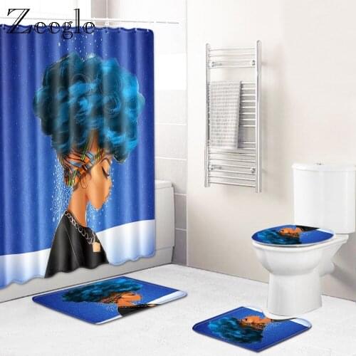 Zeegle African Shower Curtain 4pcs Bath Mat Set Soft Toilet Cover Seat Mat Absorbent Bathroom Shower Carpet Anti Slip Toilet Rug