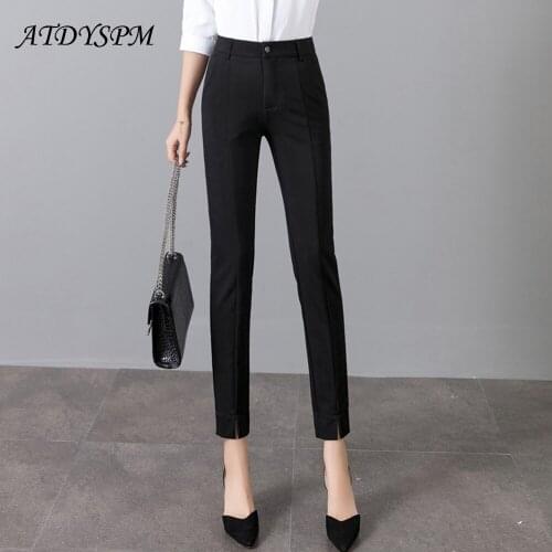 New Fashion Women Pencil Pants Mid-Waist Slit Ankle-Length Office Lady Black Slim Pants Female Casual Straight Pants Pantalons
