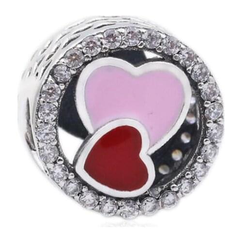 Genuine 925 Sterling Silver Bead Charm Red Pink Enamel Love Heart Charm Beads Fit Women pandora Bracelet & Necklace Diy Jewelry