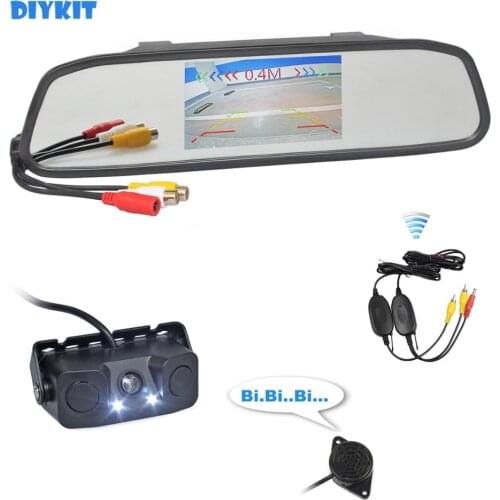 DIYKIT Wireless Auto Parking Monitor System Waterproof Parking Radar Sensor Car Camera + 4.3 inch Car Mirror Monitor