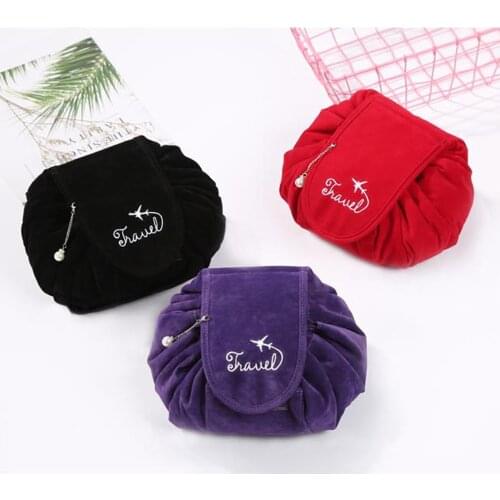 Women Drawstring Cosmetic Bag Lady Flannelette Travel Makeup Bag Organizer Lazy Make Up Case Storage Pouch Toiletry Beauty Kit