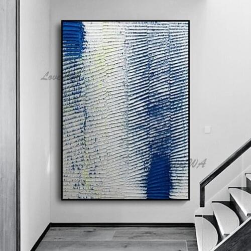 An Oil Painting With Fine Horizontal Stripes Arranged In Blue And White Modern Wall Art Home Decor Picture On Canvas No Framed