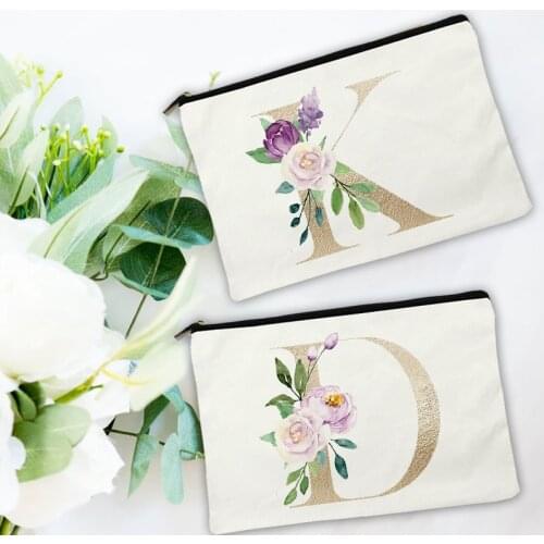 Flower Custom 26 English Initial Alphabet Cosmetics Bag Bridesmaids Canvas Pouch Personalized Wedding Bridal Party Gift Bag
