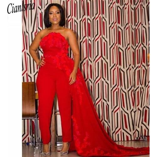 Red Jumpsuit Evening Dresses with Overskirt Lace Appliques Sequined Beaded Outfit for Special Occasion Dress