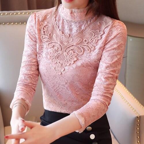 Lace Women Blouse and Shirts Soild Pink Red White Black Slim All Match Office Lady Buttomings Fashion White Shirts