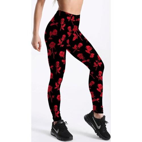 Sexy Fitness Women Gym Leggings Push Up High Waist Red Rose skull printed Workout Slim Leggins Fashion Casual Mujer Pants