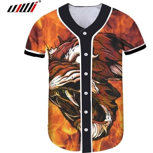 UJWI Summer Baseball Jerseys Print Flame Tiger 3d Button T-shirts For Women/men Hiphop Workout Fitness Short Sleeve Tee Shirts
