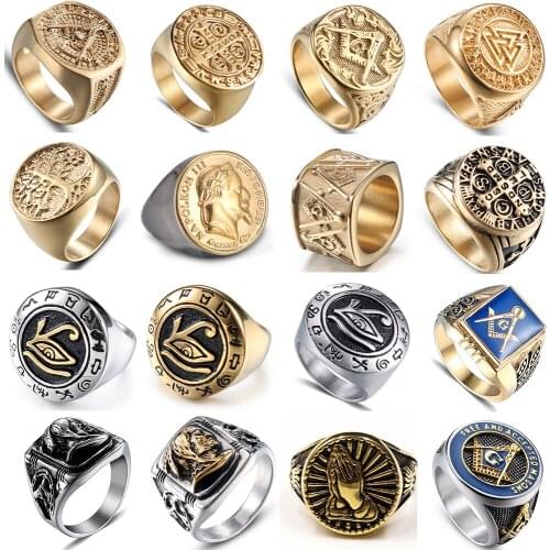 Golden Rings For Men 316 Stainless Steel Crystal Blue White CZ Stones Tree of Life Praying Hand Punk Vintage Black Ring New 2021