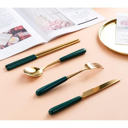 New Cute Fork Spoon Cutlery Set Ceramic Handle Stainless Steel Chopsticks Fork Cutlery Portable Tableware