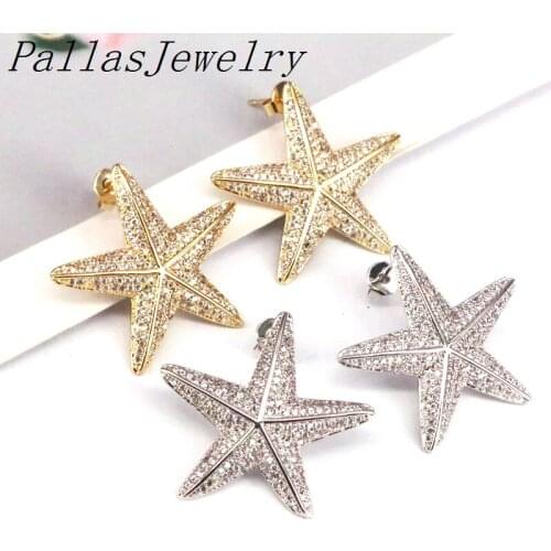 5Pairs, 30mm Gold Silver Color CZ Micro Pave Star Stud-Earrings Wedding Jewelry Brincos Romantic Zirconia for Girl Women Gift