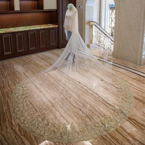 Stunning Wedding Veil 2020 Two Layers Gold Lace Applique Bride Veils Soft Tulle 4 Meters Long Wedding Bridal Veil with Comb