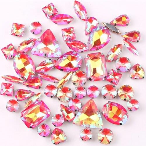 Silver claw setting jelly candy Red AB 50pcs/bag shapes mix glass crystal sew on rhinestone wedding dress shoes bag diy