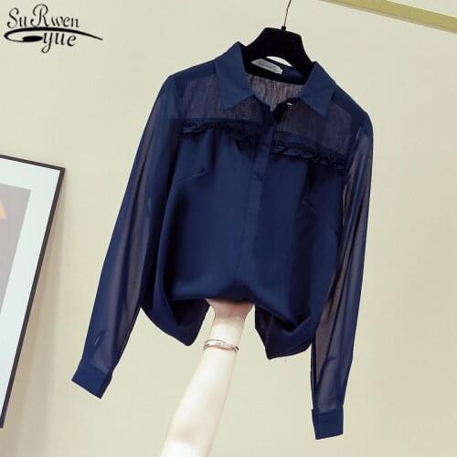 Lapel Long Sleeve Chiffon Blouse Solid Loose Autumn 2021 New See Through Fashion Korean Clothing Cardigan Lace Ladies Top 11156