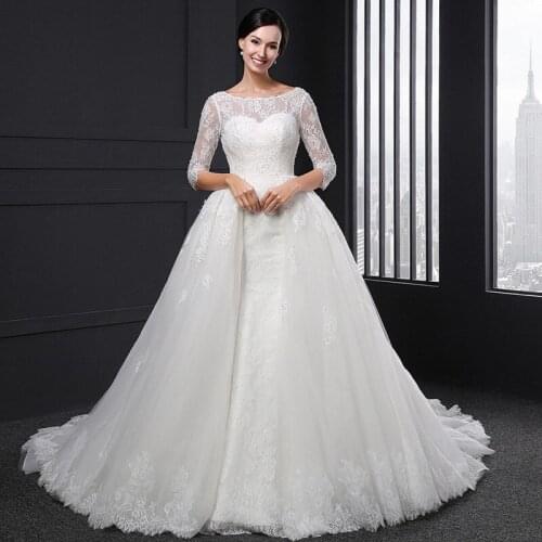 SL-004 wedding dress 2020 boho zomer blanco long tulle long sleeve backless lace apliques beaded simples elegant robe fluide