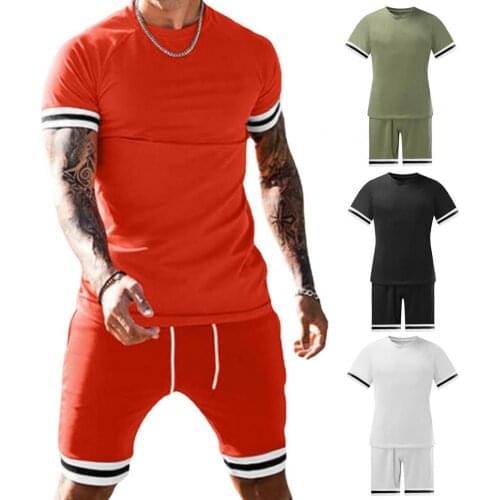 New Stylish Men Tracksuit Set Contrast Color Patchwork Summer Short Sleeve T-shirt Drawstring Shorts for Fitness