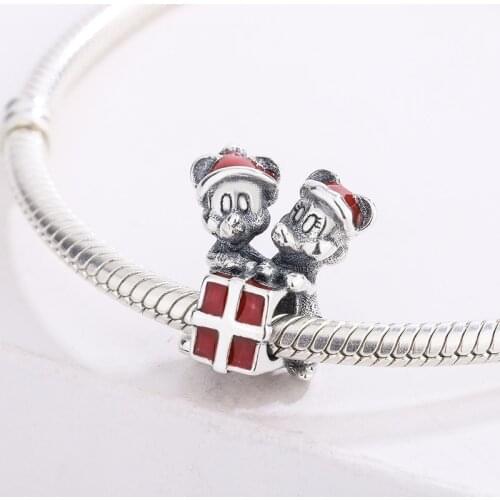 925 Sterling Silver Red Enamel Christmas Gift Mickey Minnie Decoration Pendant Charm Bracelet DIY Jewelry Making For Pandora