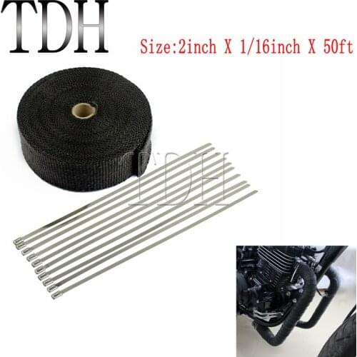 Motorcycle 15 Meters Black 1000F Thermal Wrap Exhaust Insulating Warp Header Warp Exhaust Pipe Warp 2Inch 50ft With 6PCS Ties