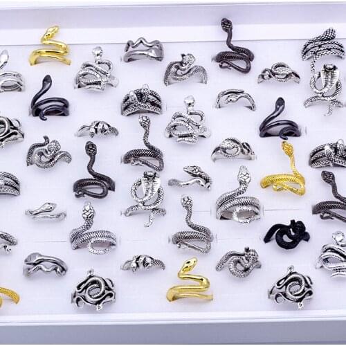 20 pcs/lot Vintage Punk Snake Ring for Men Women Exaggerated Antique Siver Color Open Adjustable Rings Jewelry Gift