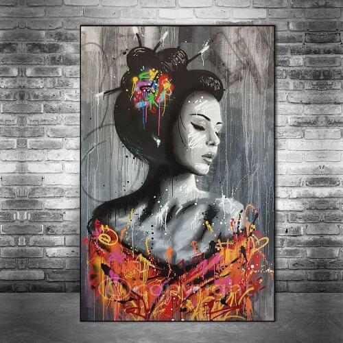 Japanese Woman Graffiti Art Paintings on the Wall Art Posters and Prints Sexy Woman Street Art Pictures Home Wall Decoration
