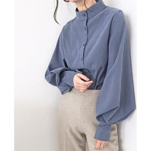 Ladies Lantern Sleeve Blouse Shirt Women Autumn Winter Stand Collar Office Work Blouse Solid Vintage Blouse Shirts Female Blusas