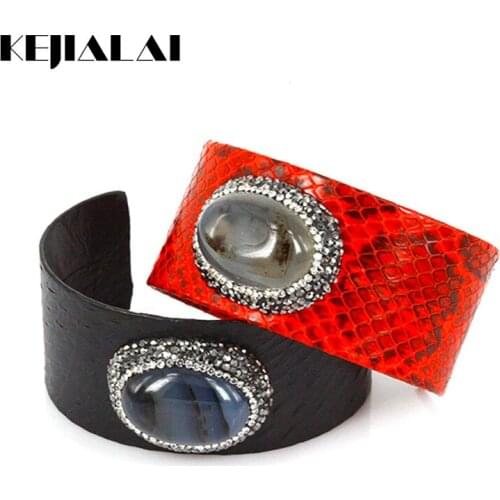 Python Leather Bangle Women Punk Jewelry Natural Stone Pave Rhinestone Ajustable Cuff Bracelets & Bangles Best Gift Luxury Style
