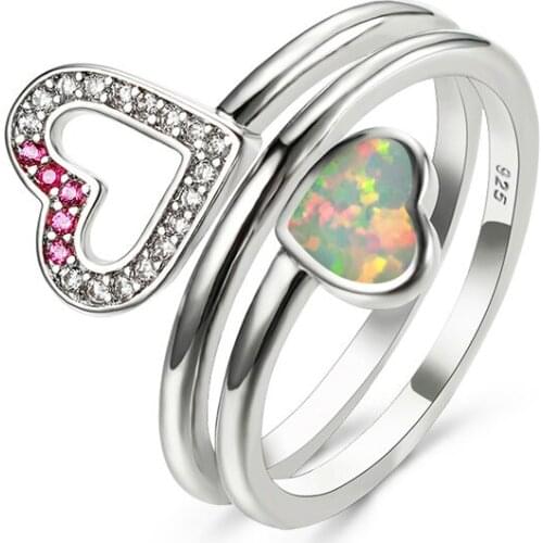 Cute Female Blue White Fire Opal Ring Boho Small Silver Color Heart Ring Promise Love Engagement Rings For Women