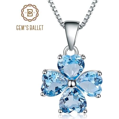 GEMS BALLET 0.95ct Natural Swiss Blue Topaz Clover Design Pure 100% 925 Sterling Silver Pendant Necklace For Women Gift