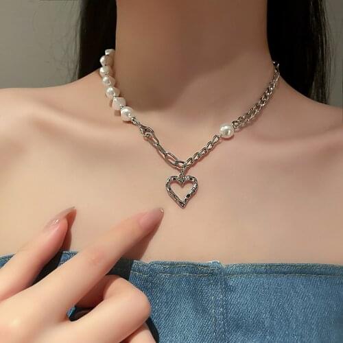 Punk Silver Cuban Link Chain Necklace Pearl Hollow Love Heart Pendant Choker Necklaces For Women 2021 Fashion Jewelry Gifts