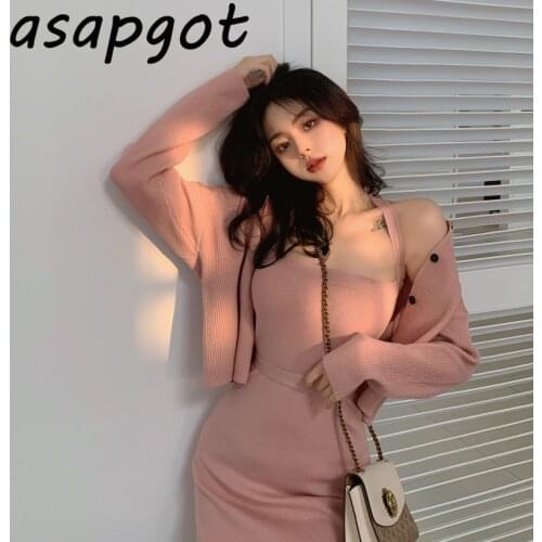 Sexy Tight Lace Up Sleeveless Halter Spaghetti Strap Knitted Dress Lady Fashion Chic Korean Pink Knitted Cardigan Sweater Coat