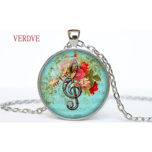 1Pcs Multicolor Music G-clef Treble Clef Glass Dome Pendant Choker Chain Necklace Vintage Woman Cabochon Jewelry Birthday Gift