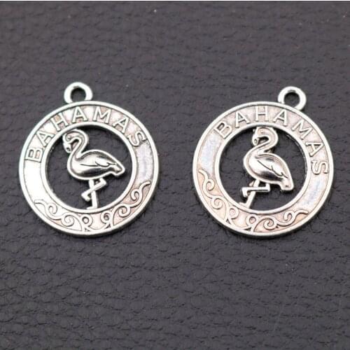 10pcs Round Metal Flamingo Tags Charm Pendant Retro Necklace Earrings DIY Jewelry Handicraft Making 27*23mm A2189