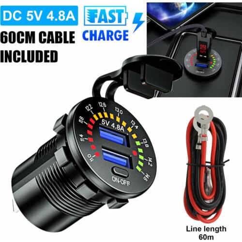12V Dual USB 4.8A Fast Car Charger Socket Power Outlet W/ LED Digital Voltmeter USB Charger With Colorful Digital Voltmeter